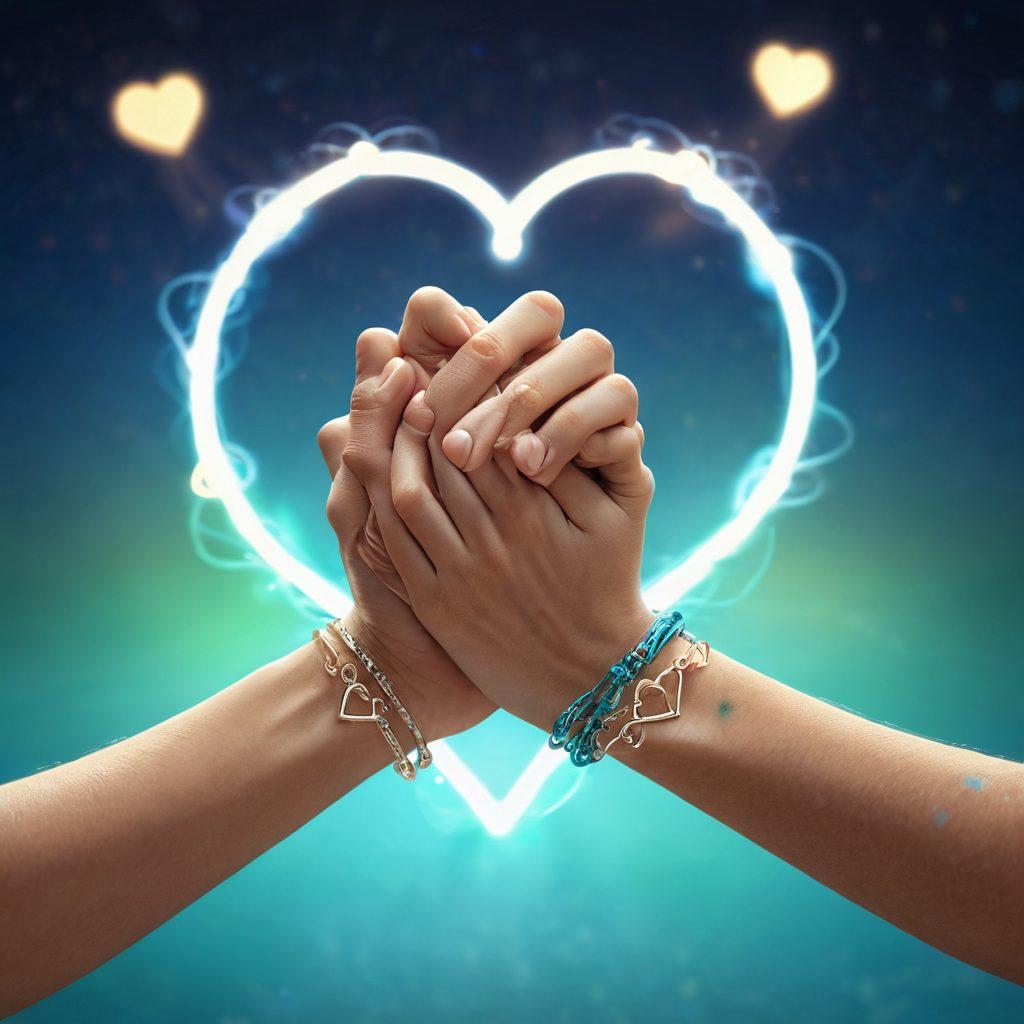 A close-up of two hands shaking, symbolizing trust, surrounded by glowing interconnected hearts and light trails representing emotional connections. One hand is adorned with a delicate bracelet featuring symbols of verification, like a checkmark. The background subtly incorporates soft hues of blue and green to evoke calmness and connection. super-realistic. vibrant colors. soft focus.