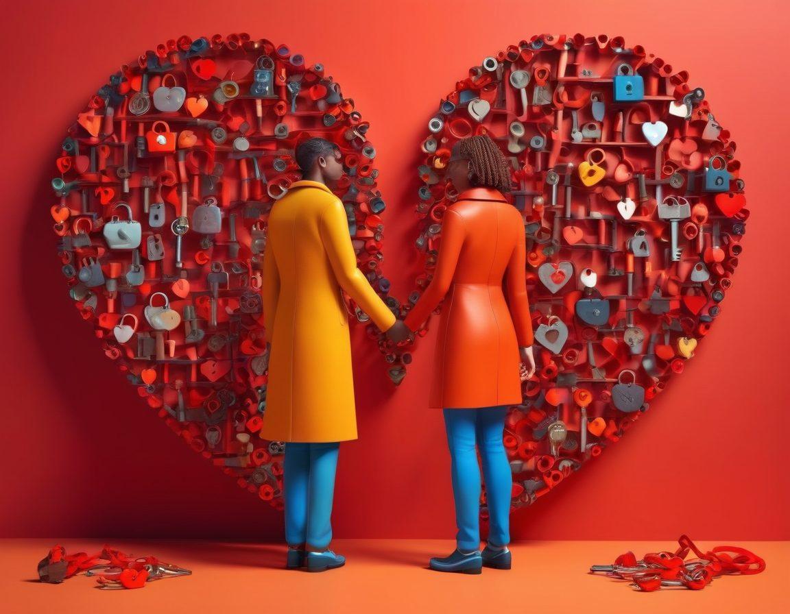 A captivating illustration of a diverse couple holding hands amidst a backdrop of heart-shaped locks and keys, symbolizing trust and secrets in modern relationships. Include elements like magnifying glasses, checklists, and a glowing heart in the background, representing background checks and love. The scene should feel inviting and warm, emphasizing connection and safety. vibrant colors. 3D.