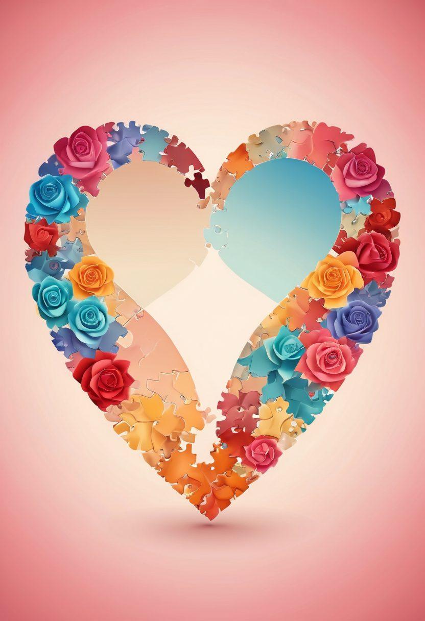 A pair of intertwined hearts made of puzzle pieces, symbolizing compatibility, set against a soft gradient background. Surround the hearts with icons representing background checks like magnifying glasses, checklists, and silhouettes of diverse couples. Add subtle hints of love symbols like roses and rings in the background. Soft and romantic color palette, emphasizing warmth and connection. vector art. vibrant colors.